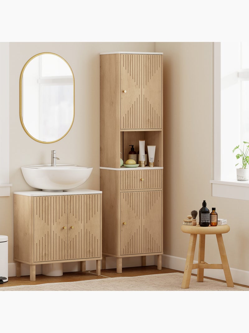 Colonne salle de bain style bois naturel effet marbre blanc multi-rangement Beige - Kiabi