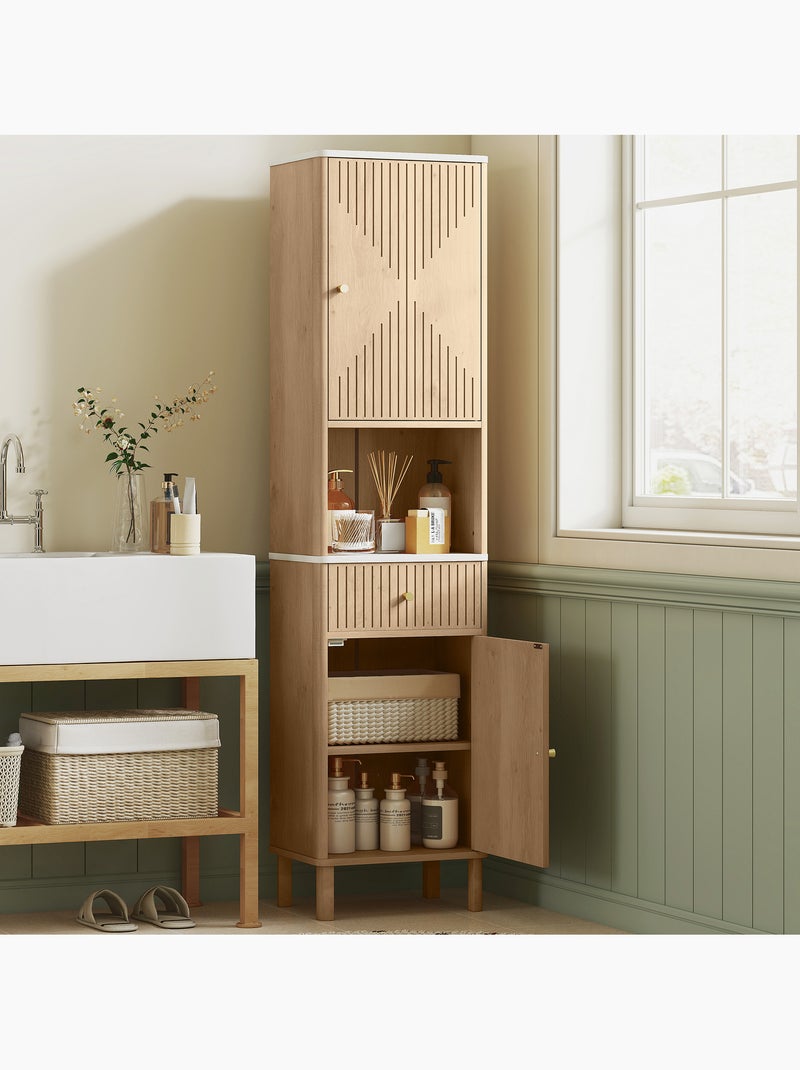 Colonne salle de bain style bois naturel effet marbre blanc multi-rangement Beige - Kiabi