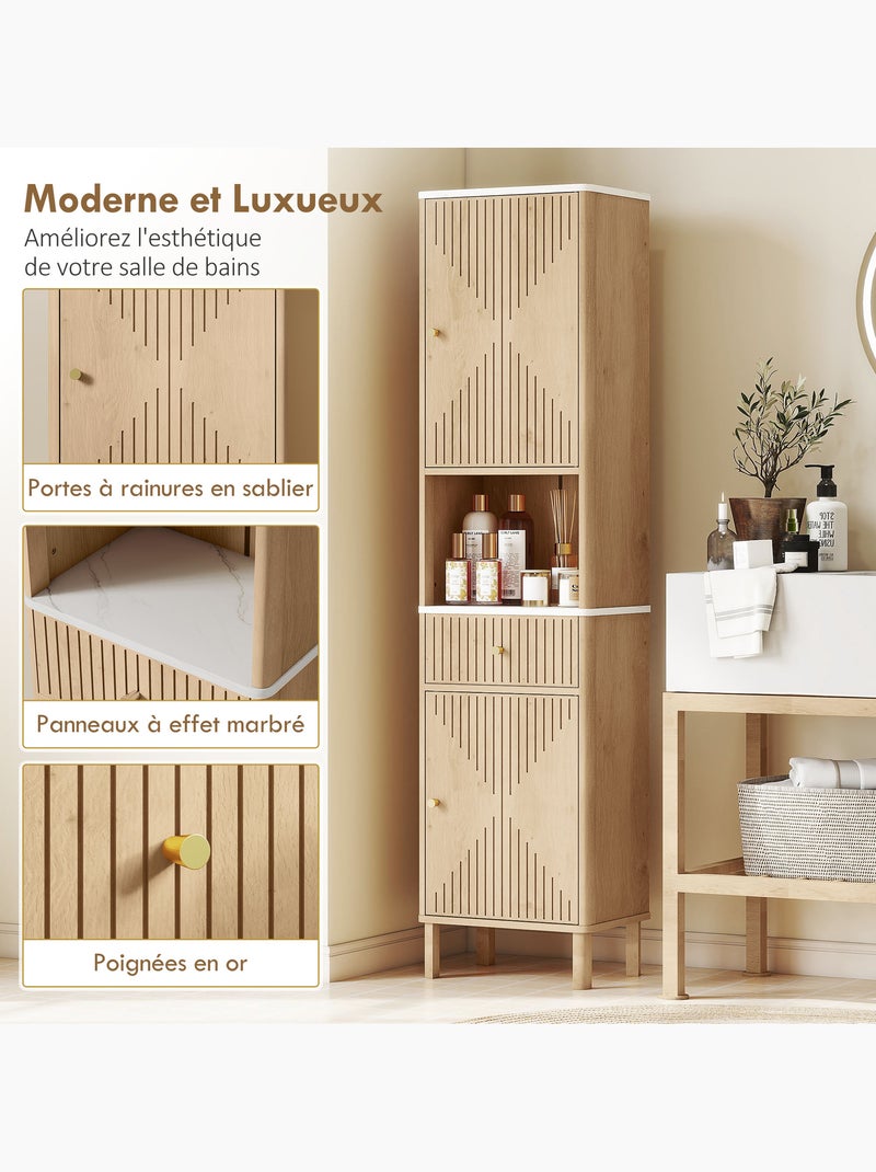 Colonne salle de bain style bois naturel effet marbre blanc multi-rangement Beige - Kiabi