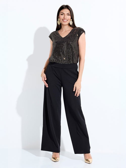 Combi-pantalon bi-matière sequins dorés - Afibel - Kiabi