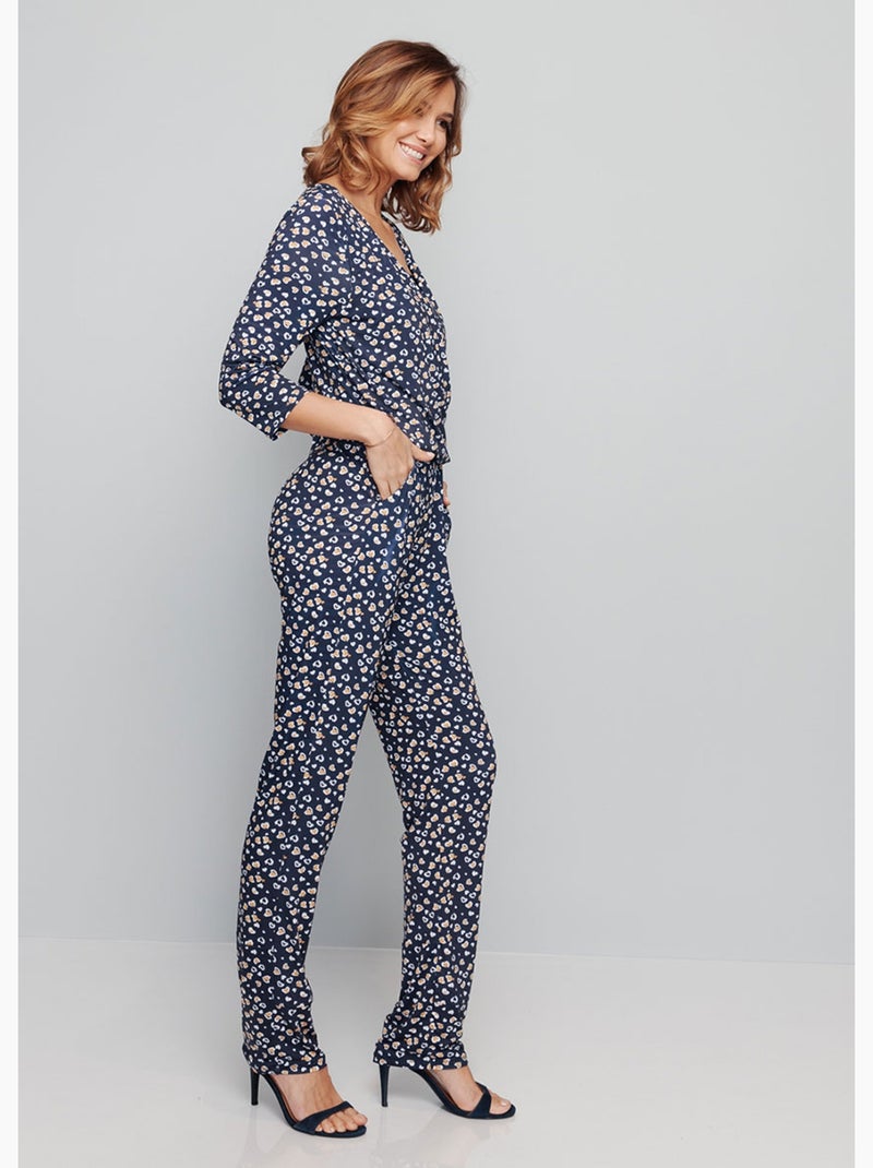 Combi-pantalon imprimée manches 3/4 - Afibel Bleu marine - Kiabi
