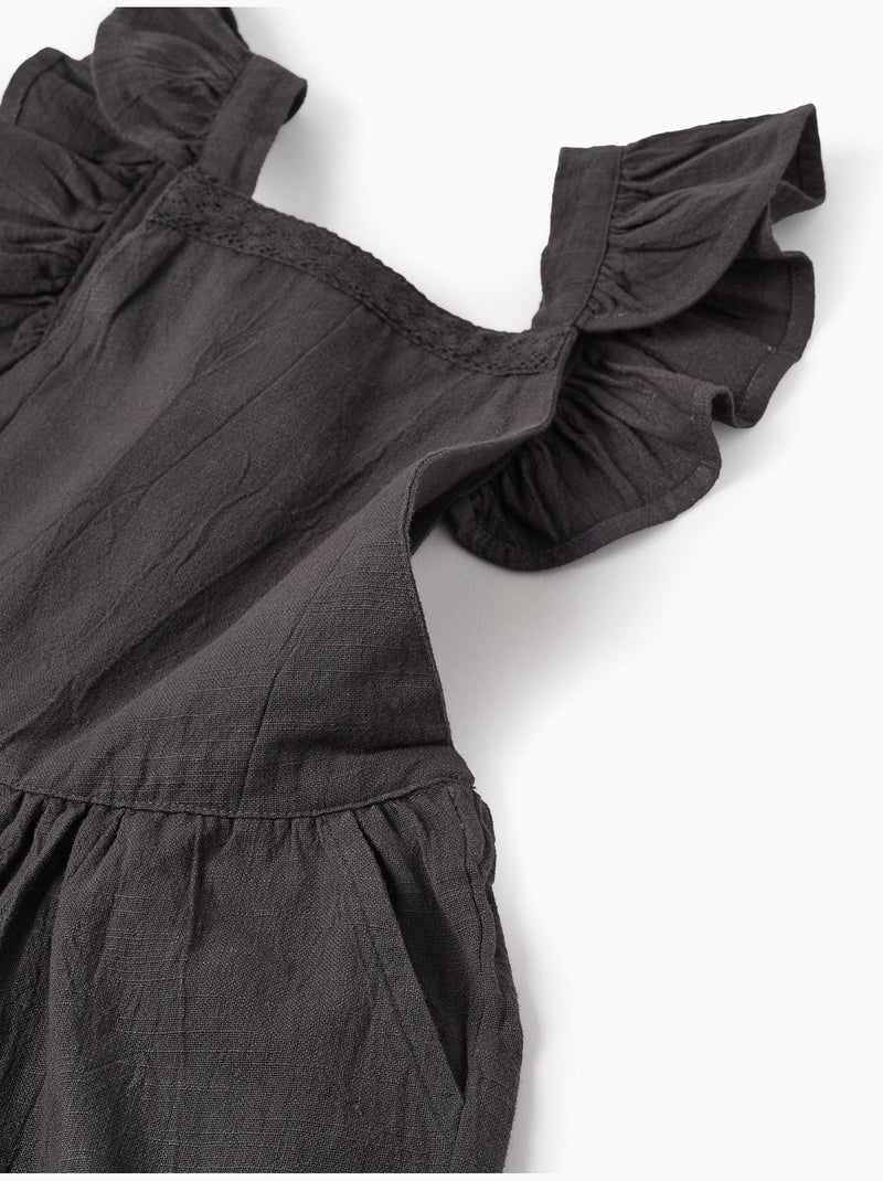 Combi-Short à Bretelles en Coton Slub avec Volants Gris foncé - Kiabi
