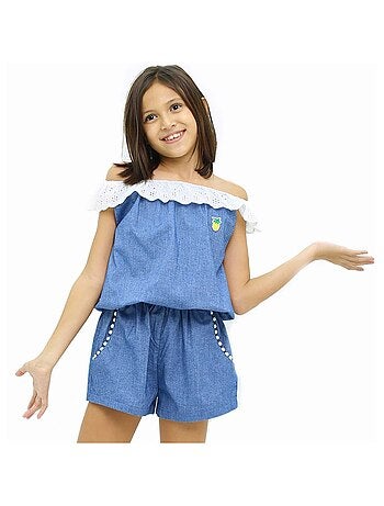 Combi-Short Été Bleu Fille Col Élastique Dentelle Blanche LOLITA - La Faute à Voltaire