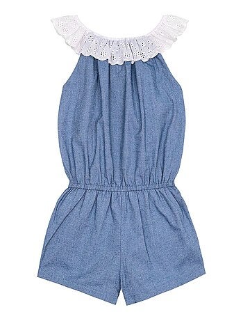 Combi-Short Été Bleu Fille Col Élastique Dentelle Blanche LOLITA - La Faute à Voltaire