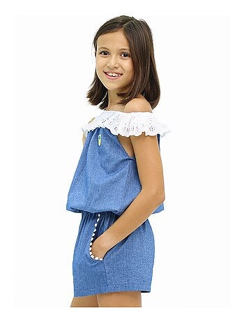 Combi-Short Été Bleu Fille Col Élastique Dentelle Blanche LOLITA - La Faute à Voltaire