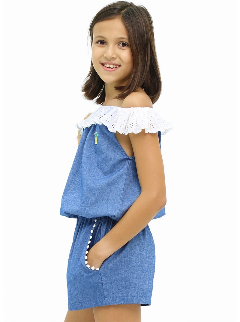 Combi-Short Été Bleu Fille  Col Élastique Dentelle Blanche  LOLITA - La Faute à Voltaire Bleu - Kiabi