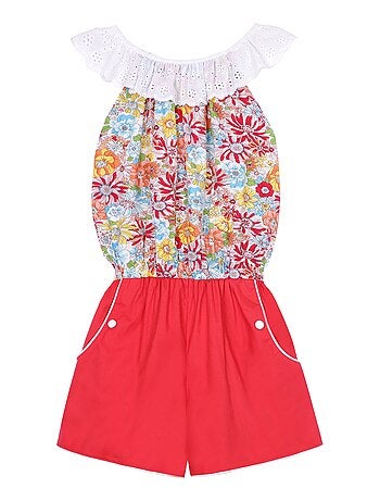 Combi-Short Été Fille Col Élastique Dentelle Fleuri Rouge LOLITA - 'LA FAUTE A VOLTAIRE'