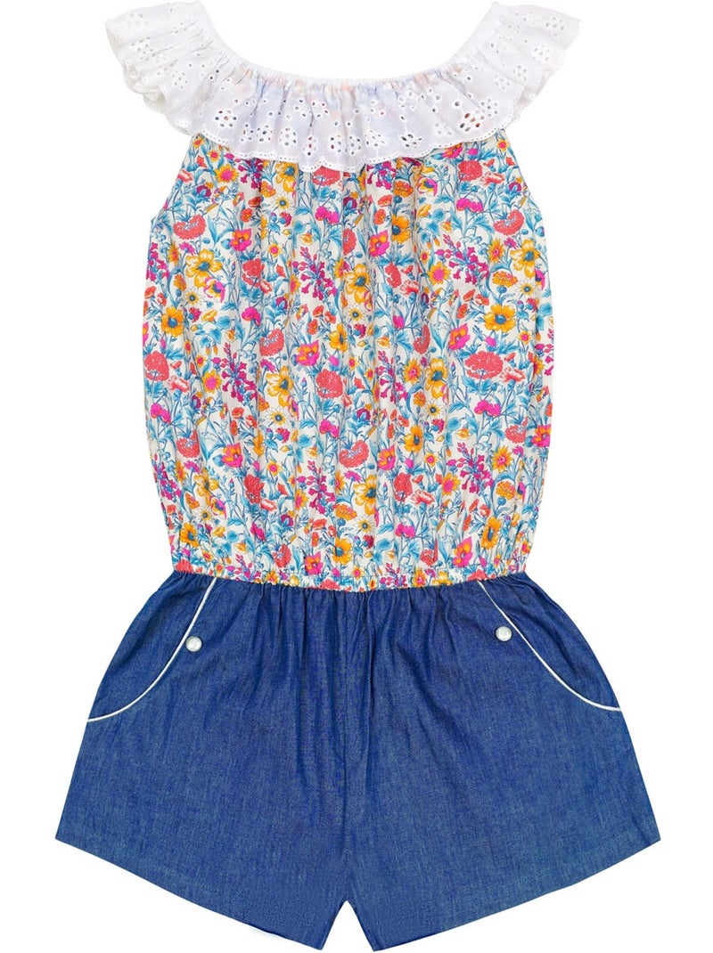 Combi-Short Été Fille  Col Élastique  Liberty Fleuri Bleu  LOLITA - La Faute à Voltaire Bleu Rose Blanc - Kiabi