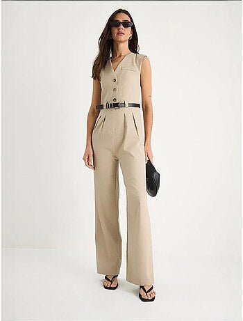 Combinaison à col en v et ceinture à jambes larges avec poches bianco lucci