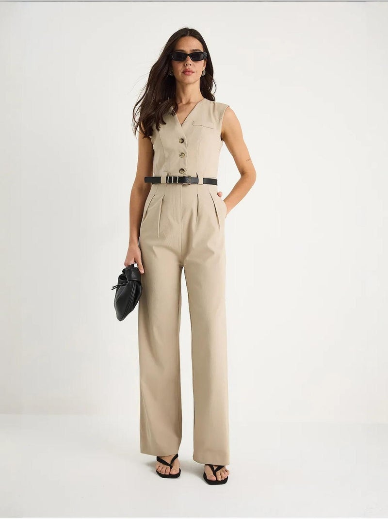 Combinaison à col en v et ceinture à jambes larges avec poches bianco lucci Beige argile - Kiabi