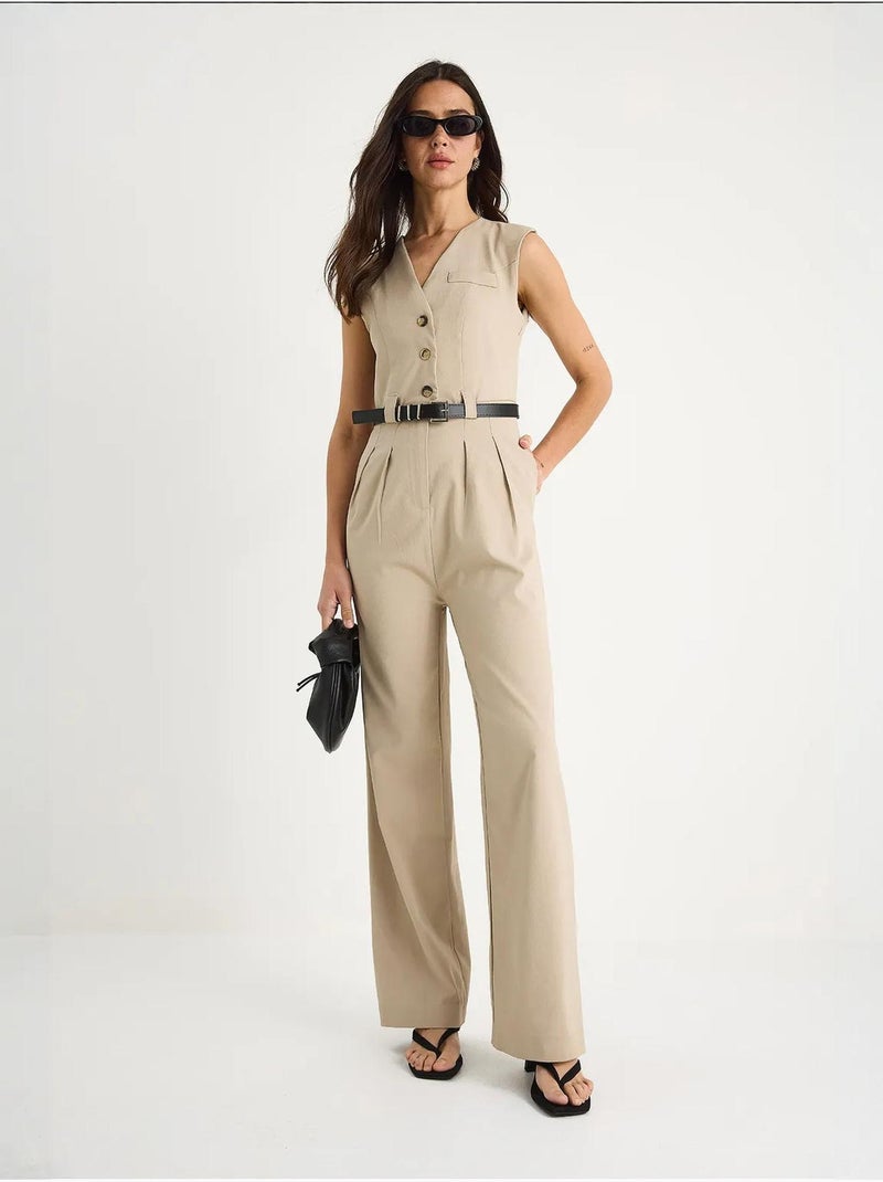 Combinaison à col en v et ceinture à jambes larges avec poches bianco lucci Beige argile - Kiabi