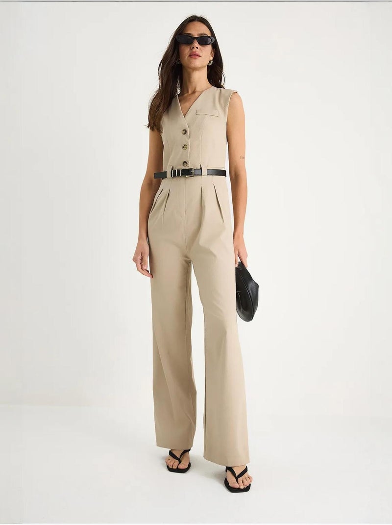 Combinaison à col en v et ceinture à jambes larges avec poches bianco lucci Beige argile - Kiabi
