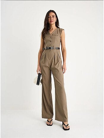 Combinaison à col en v et ceinture à jambes larges avec poches bianco lucci
