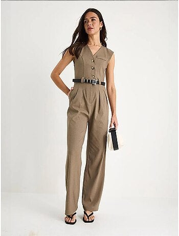 Combinaison à col en v et ceinture à jambes larges avec poches bianco lucci