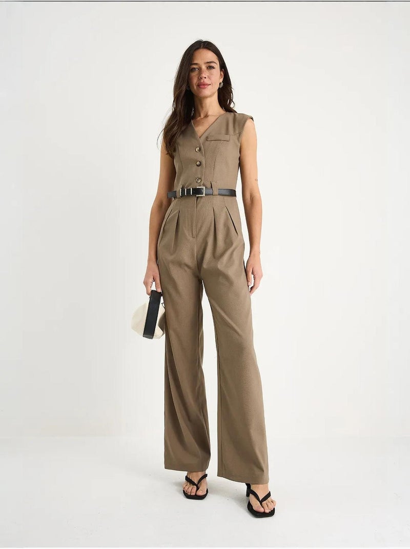 Combinaison à col en v et ceinture à jambes larges avec poches bianco lucci Camel - Kiabi