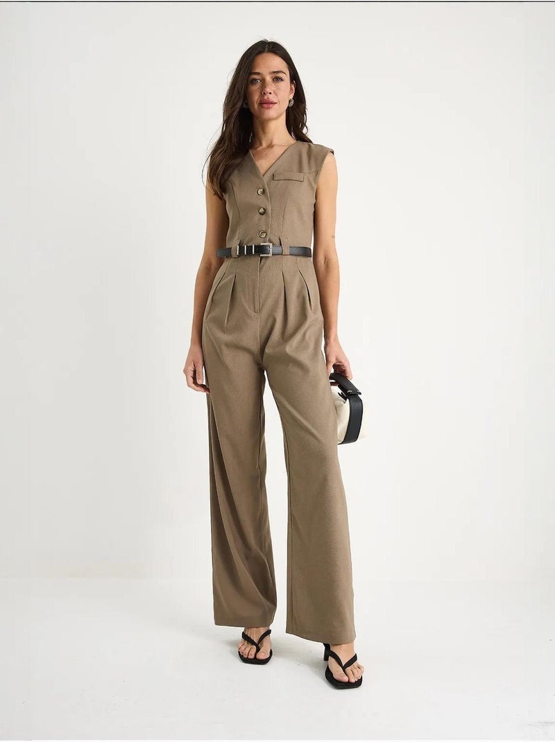 Combinaison à col en v et ceinture à jambes larges avec poches bianco lucci Camel - Kiabi