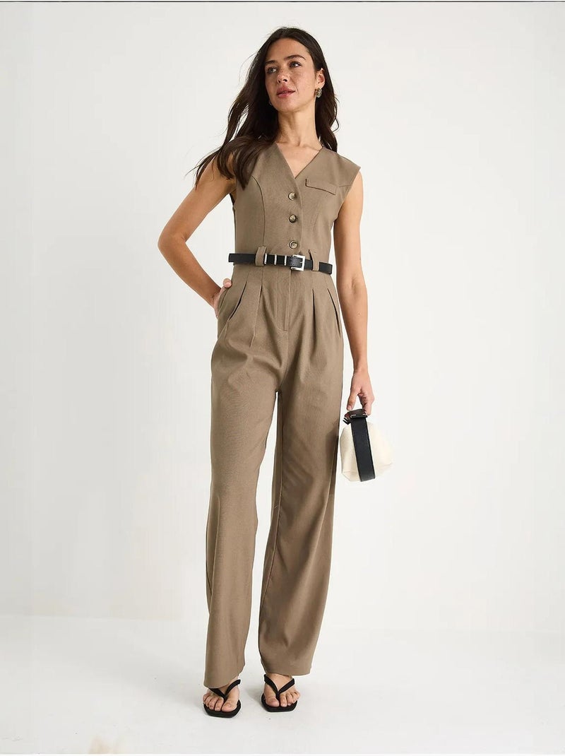 Combinaison à col en v et ceinture à jambes larges avec poches bianco lucci Camel - Kiabi