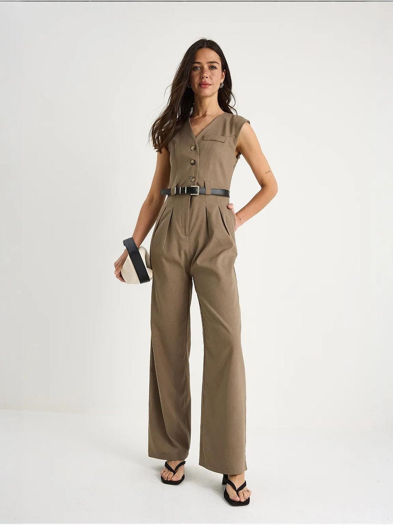 Combinaison à col en v et ceinture à jambes larges avec poches bianco lucci Camel - Kiabi