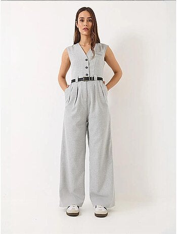Combinaison à col en v et ceinture à jambes larges avec poches bianco lucci