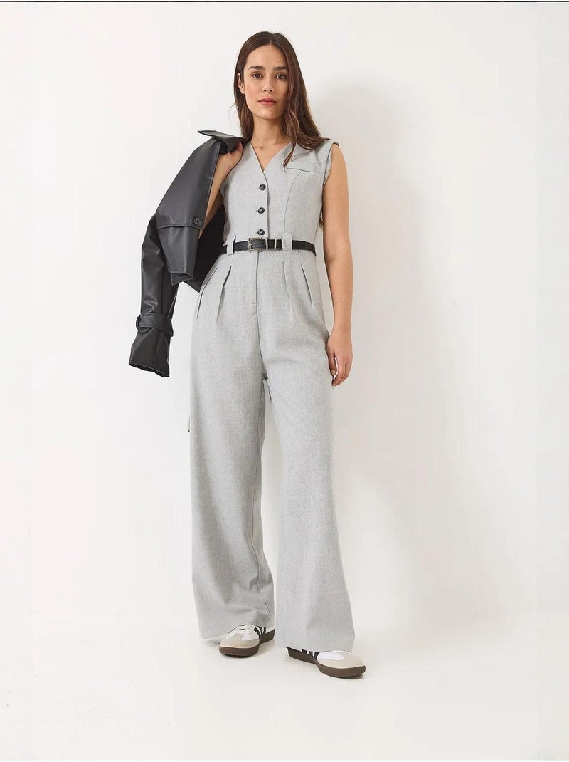 Combinaison à col en v et ceinture à jambes larges avec poches bianco lucci Gris - Kiabi