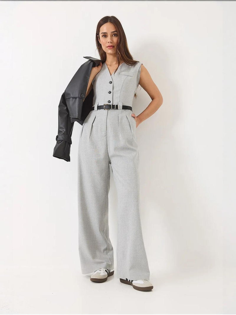 Combinaison à col en v et ceinture à jambes larges avec poches bianco lucci Gris - Kiabi