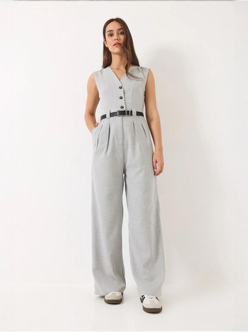 Combinaison à col en v et ceinture à jambes larges avec poches bianco lucci Gris - Kiabi