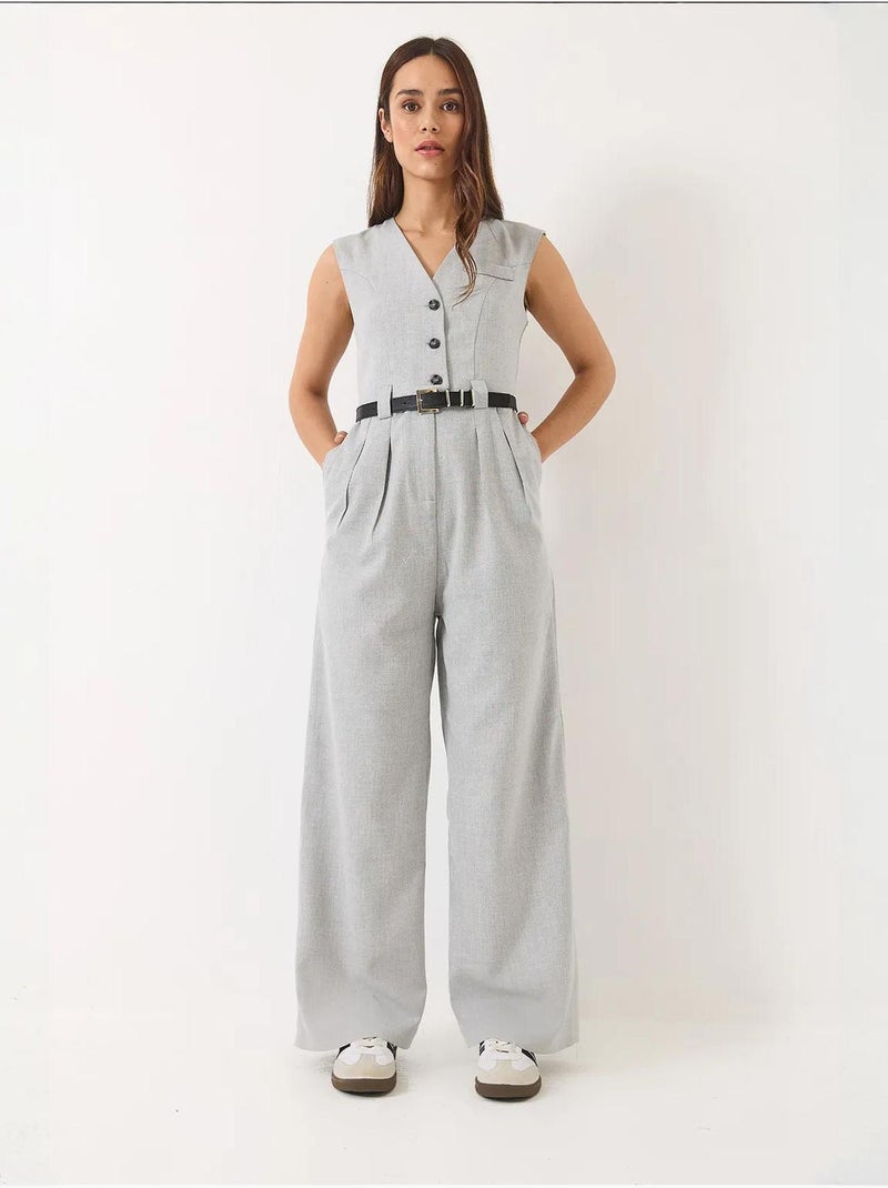 Combinaison à col en v et ceinture à jambes larges avec poches bianco lucci Gris - Kiabi