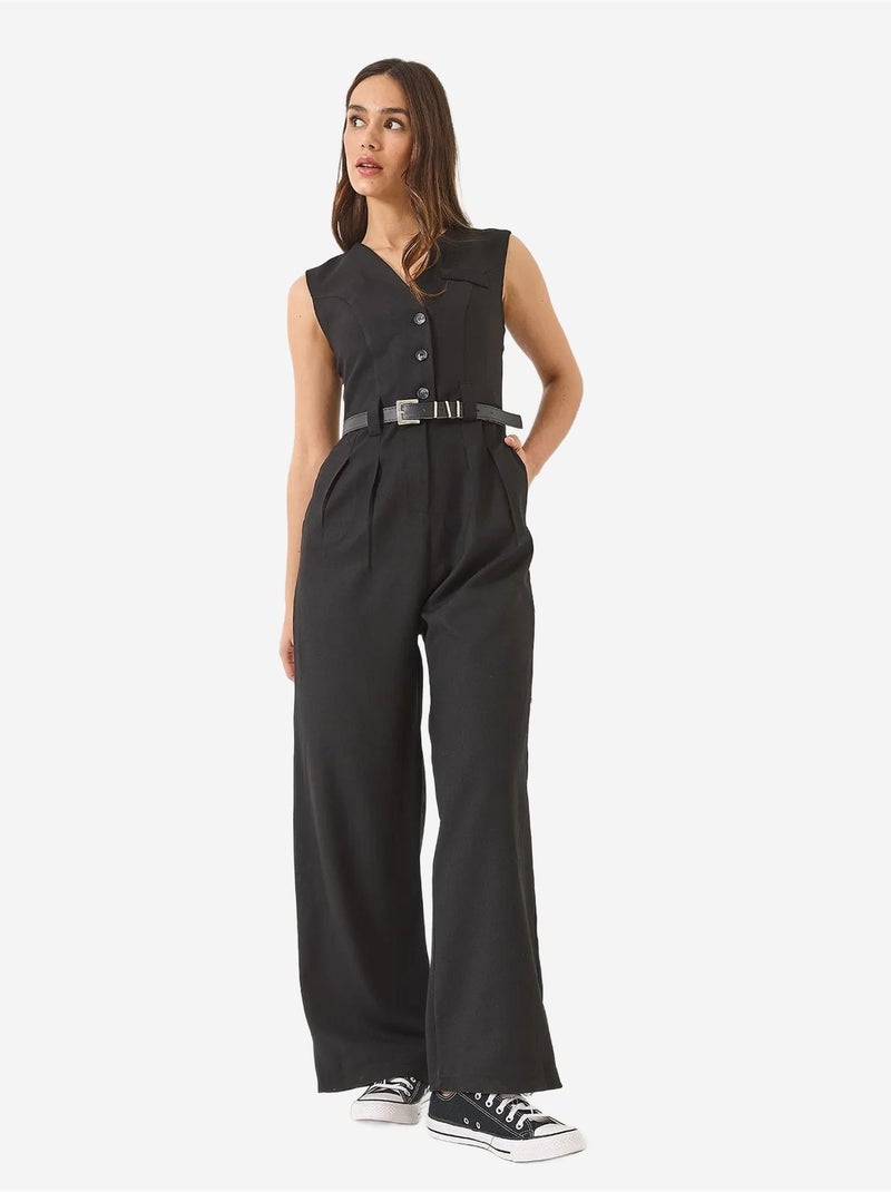 Combinaison à col en v et ceinture à jambes larges avec poches bianco lucci Noir - Kiabi