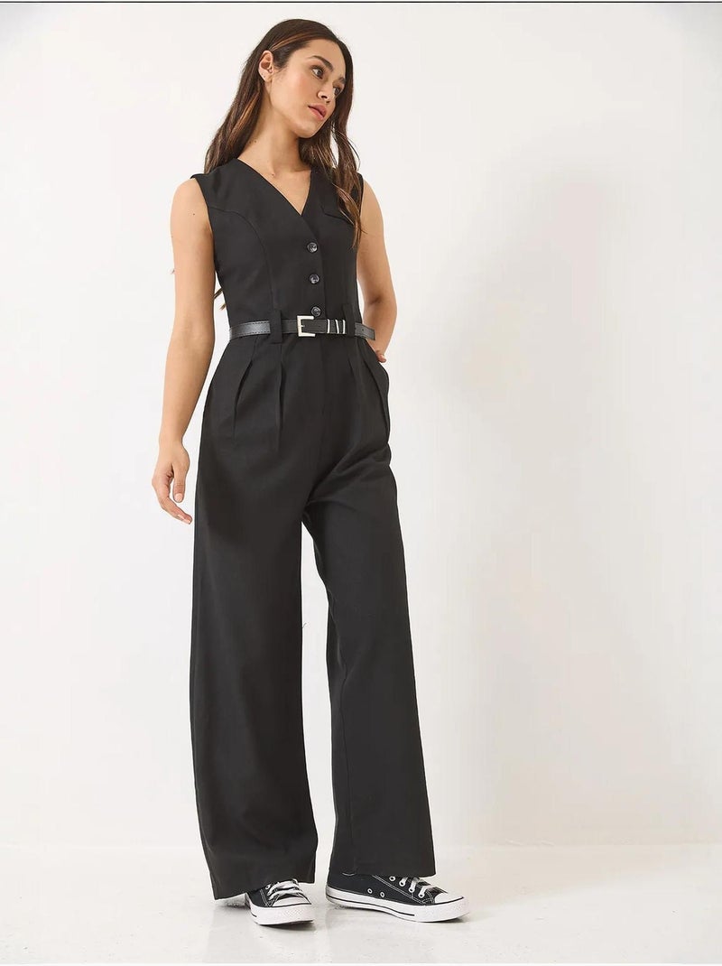 Combinaison à col en v et ceinture à jambes larges avec poches bianco lucci Noir - Kiabi