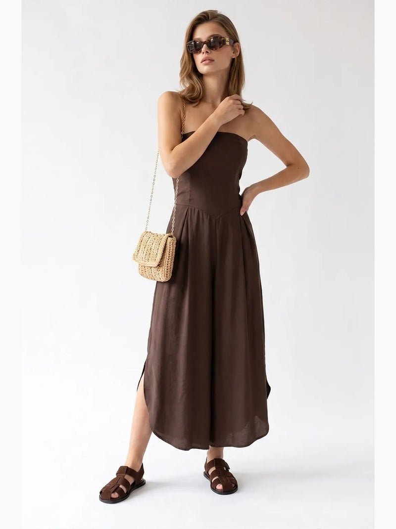 Combinaison bustier à jambe large et fente mixray Marron chocolat - Kiabi