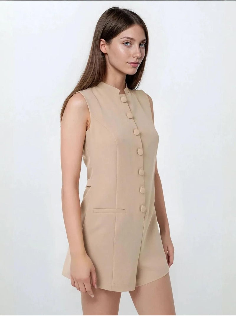 Combinaison courte à col ras du cou avec détails boutonnés Beige - Kiabi