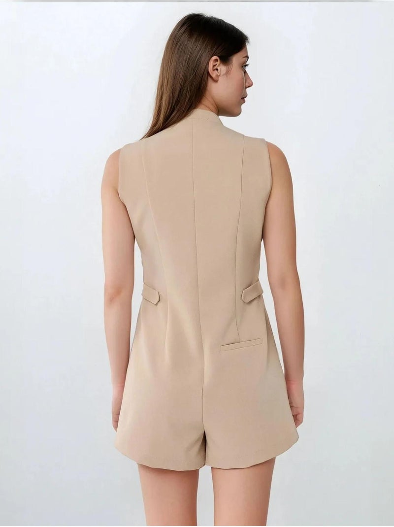 Combinaison courte à col ras du cou avec détails boutonnés Beige - Kiabi