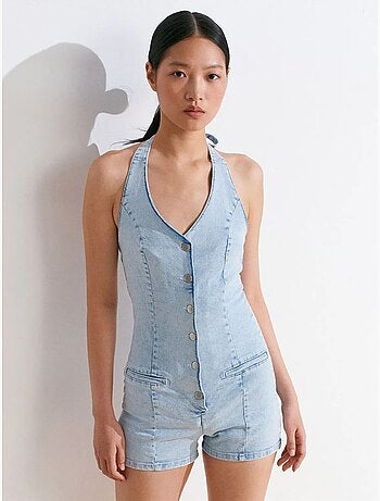 Combinaison courte en denim à col halter dilvin