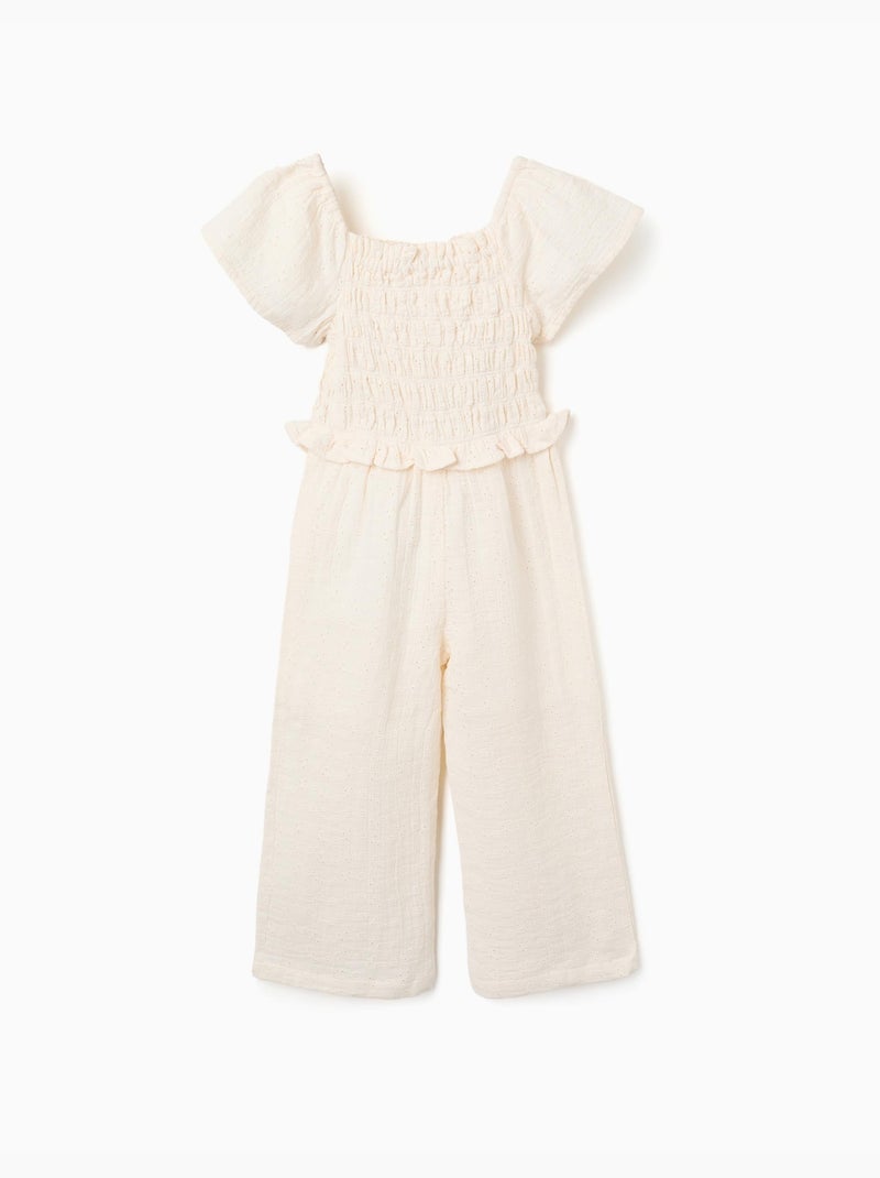 Combinaison en coton à jambe large et broderie anglaise Beige clair - Kiabi