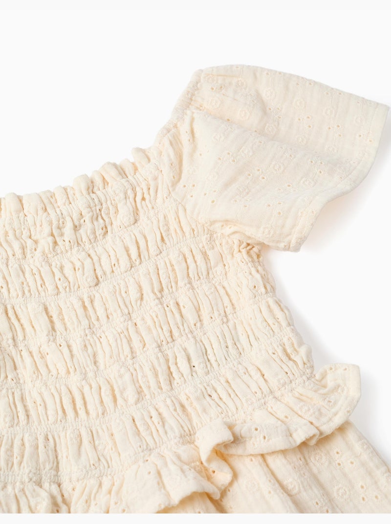 Combinaison en coton à jambe large et broderie anglaise Beige clair - Kiabi