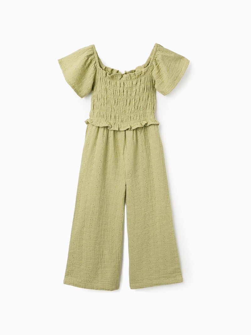 Combinaison en coton à jambe large et broderie anglaise Vert clair - Kiabi
