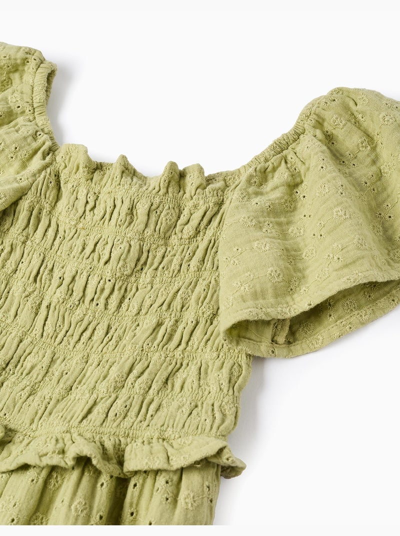 Combinaison en coton à jambe large et broderie anglaise Vert clair - Kiabi