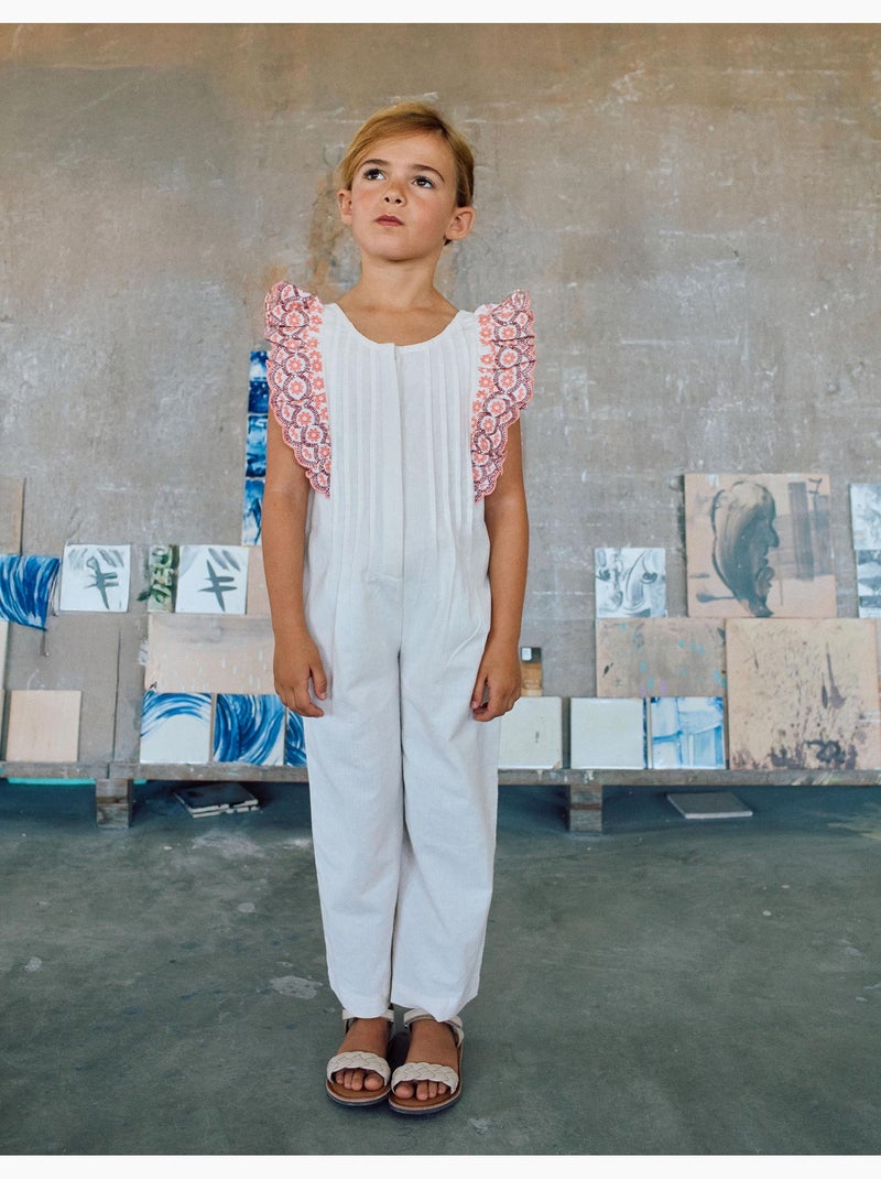 Combinaison en coton à jambes larges et volants Beige clair - Kiabi