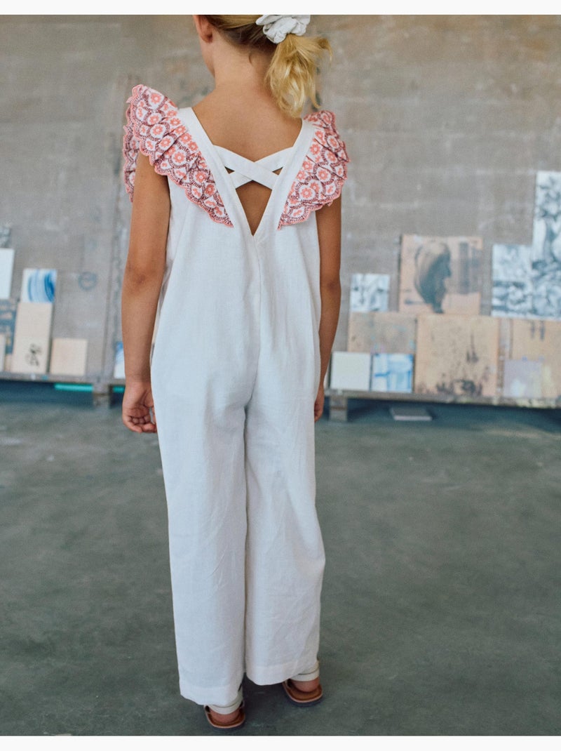 Combinaison en coton à jambes larges et volants Beige clair - Kiabi