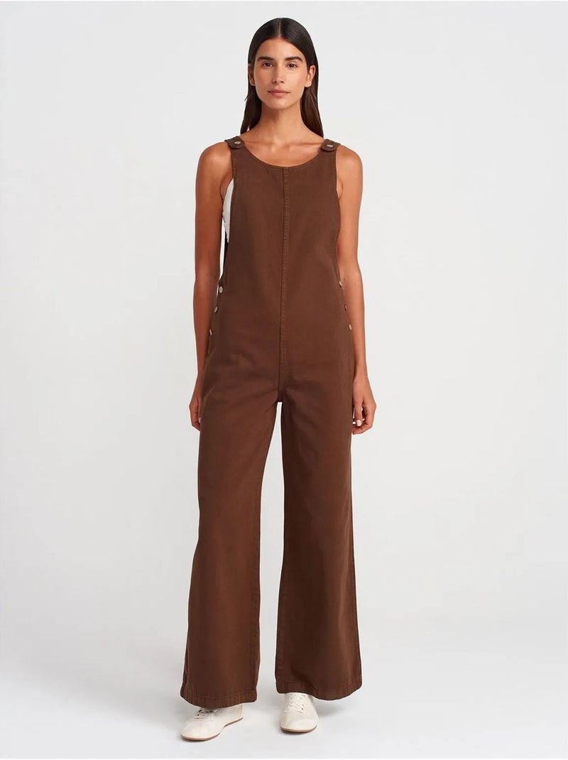 Combinaison En Denim De Coton À Jambe Large Marron - Kiabi