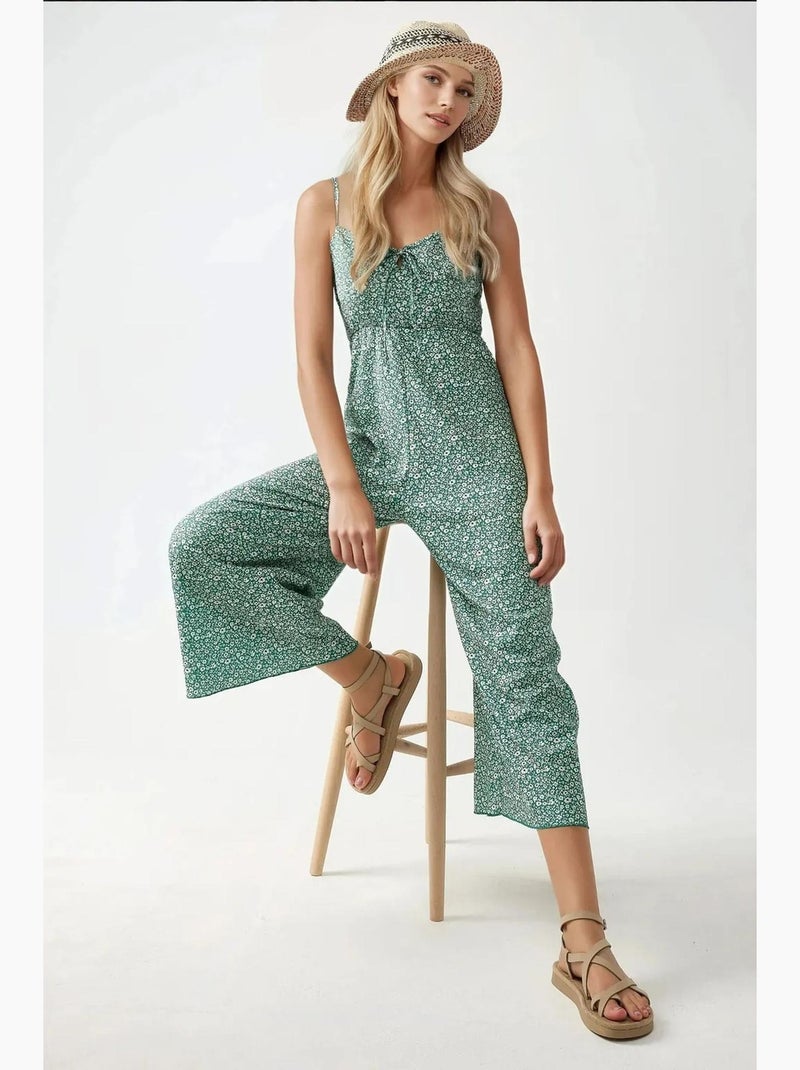 Combinaison en tricot fleuri à jambes larges et col en v hiccup Vert menthe - Kiabi
