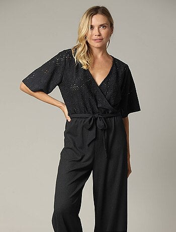 Combinaison femme noire cache-cœur avec maille fantaisie 'Deeluxe'