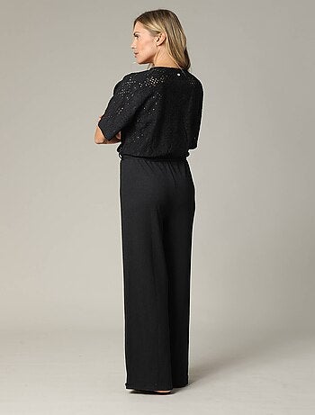 Combinaison femme noire cache-cœur avec maille fantaisie 'Deeluxe'