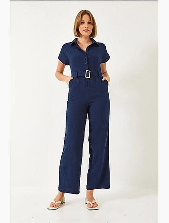 Combinaison longue en popeline avec col chemise et fermeture à boutons lucci