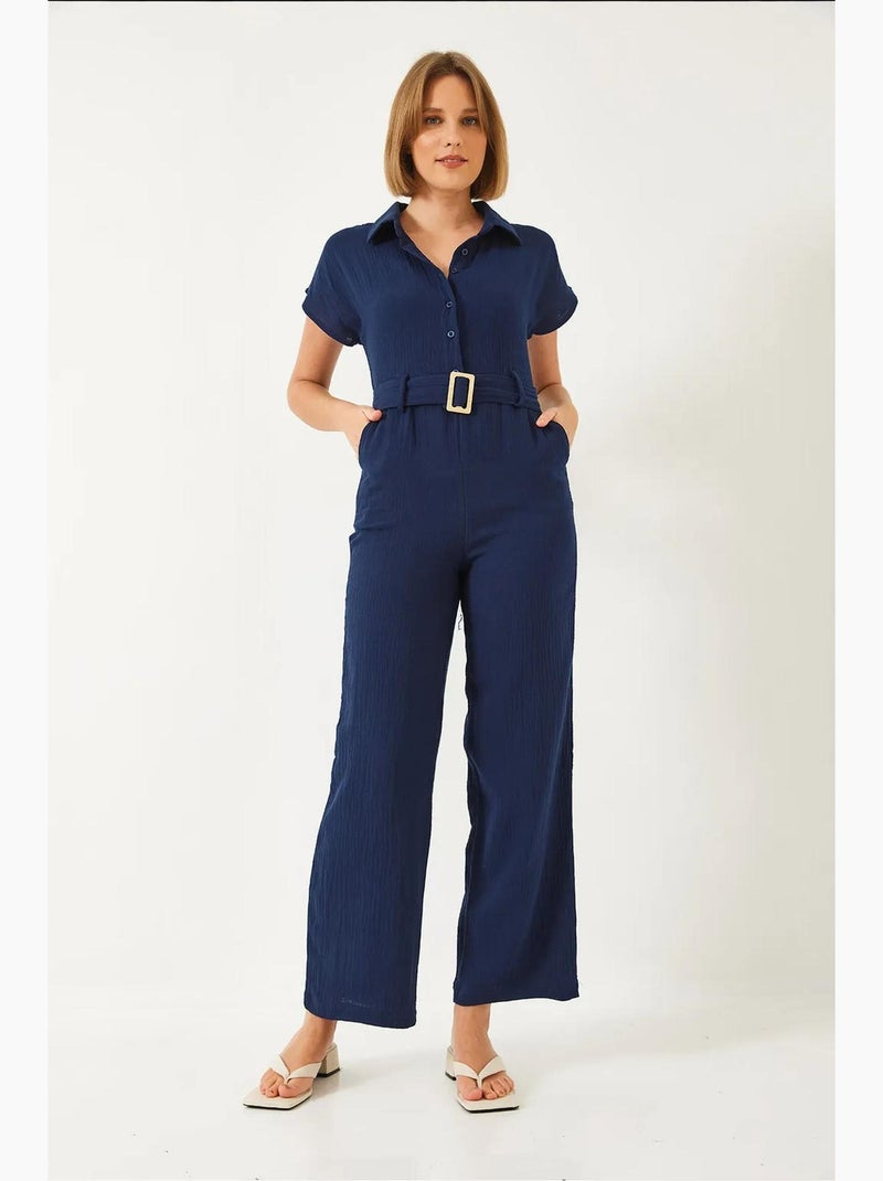 Combinaison longue en popeline avec col chemise et fermeture à boutons lucci Bleu marine - Kiabi