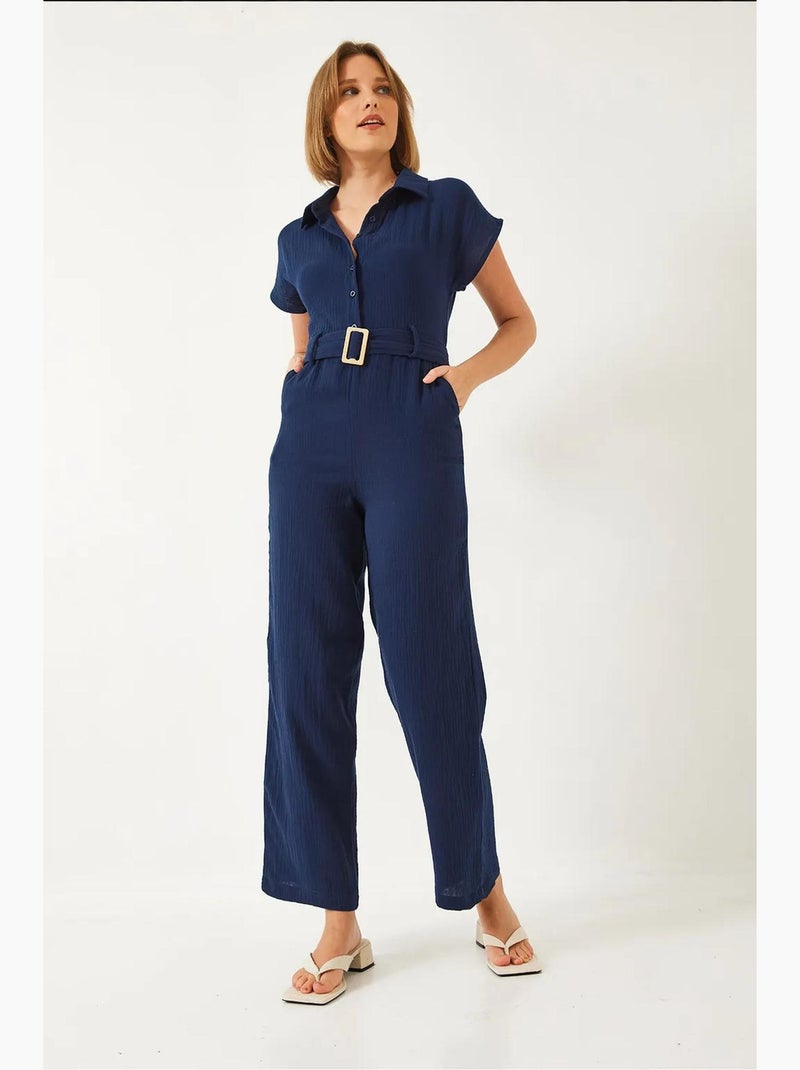 Combinaison longue en popeline avec col chemise et fermeture à boutons lucci Bleu marine - Kiabi