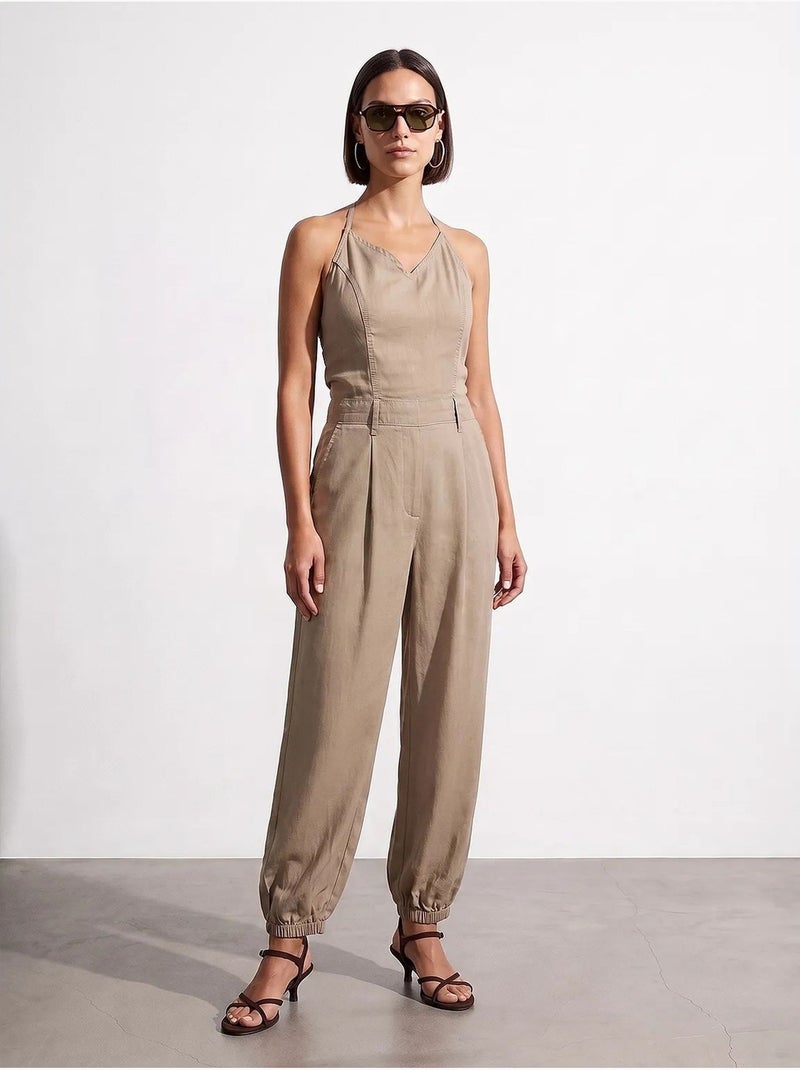 Combinaison longue en tencel à col halter dilvin Beige argile - Kiabi