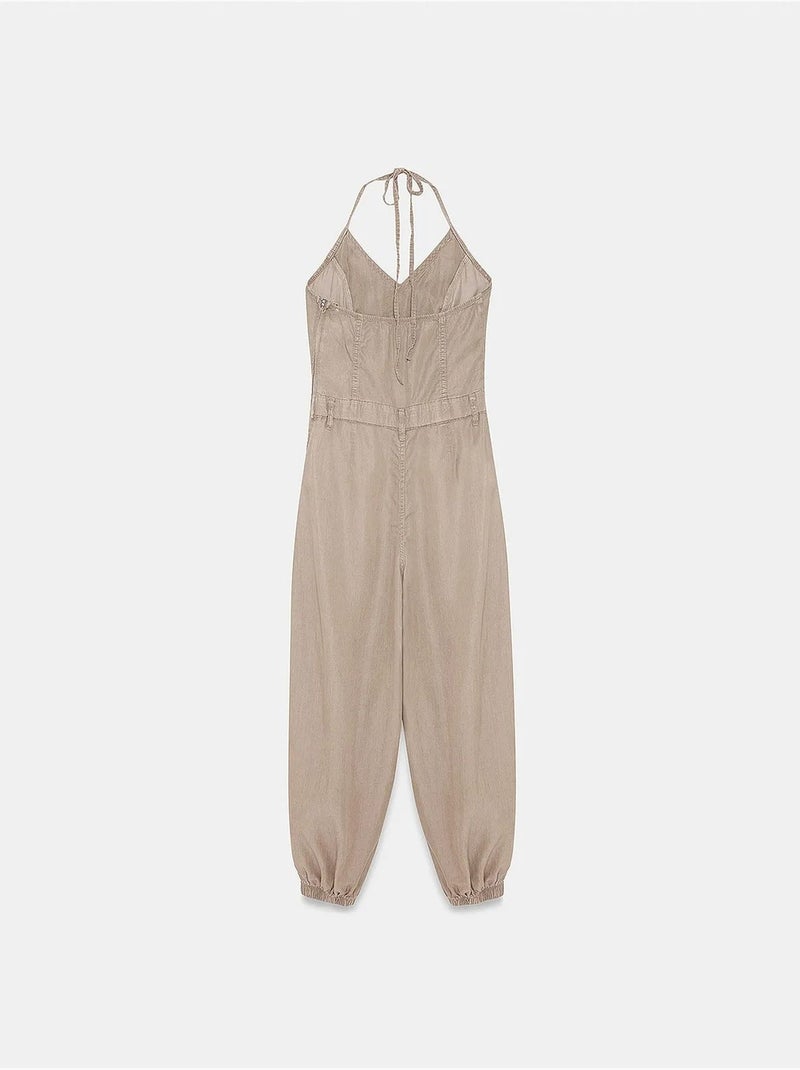 Combinaison longue en tencel à col halter dilvin Beige argile - Kiabi