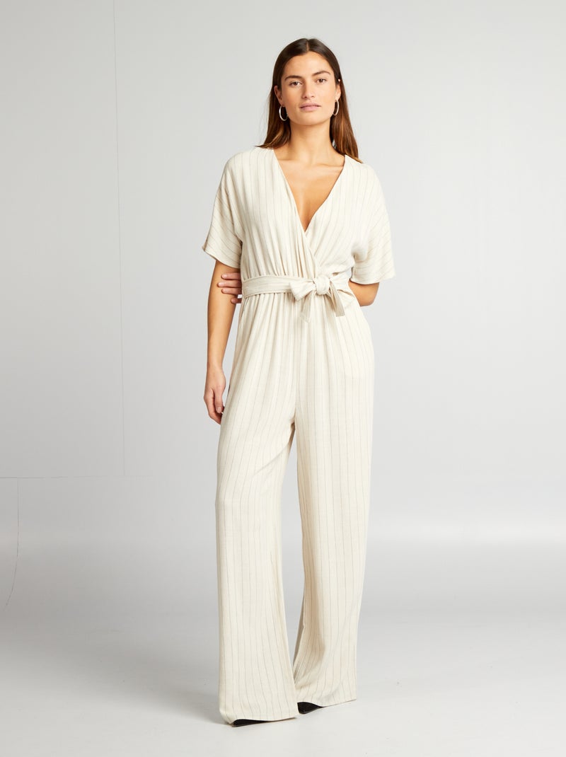 Combinaison rayée avec ceinture Beige - Kiabi