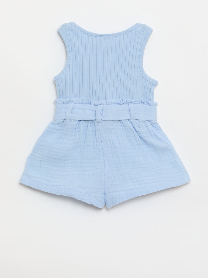 Combinaison short en double gaze de coton + ceinture à nouer Bleu - Kiabi